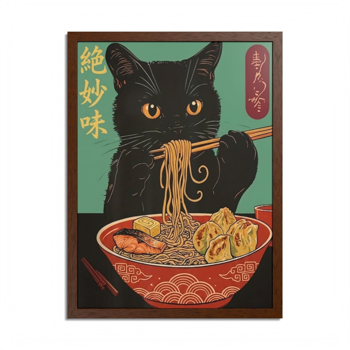Japanese Ramen Cat Framed Poster — Vintage Ukiyo-e Style Wall Art