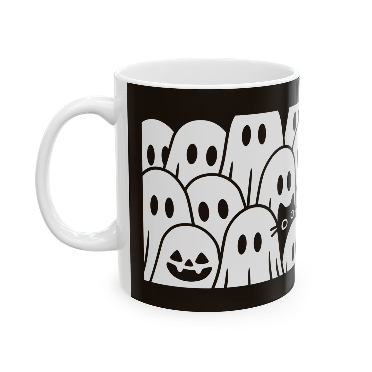 Ghost Cat Halloween Mug — Spooky Black & White Coffee Cup