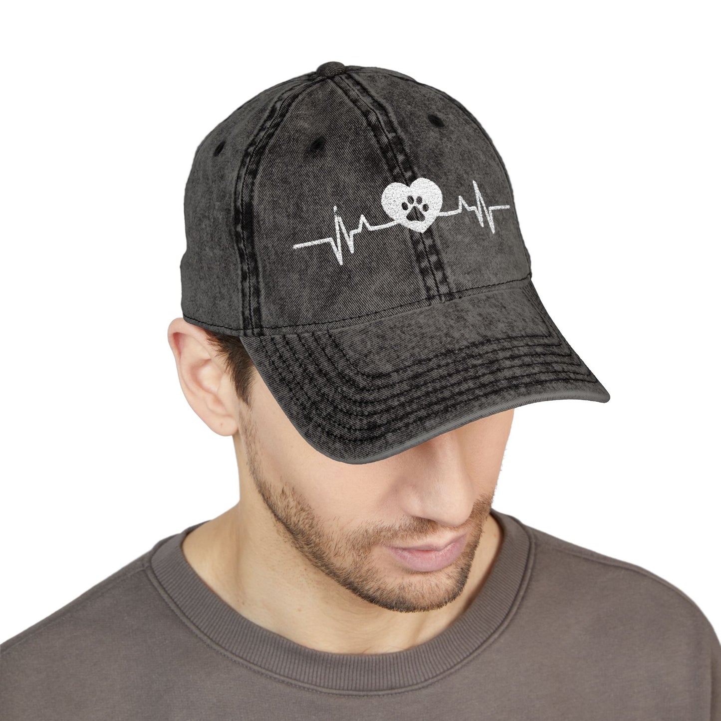 Paw Heartbeat Embroidered Vintage Dad Hat – Dog Lover Cap