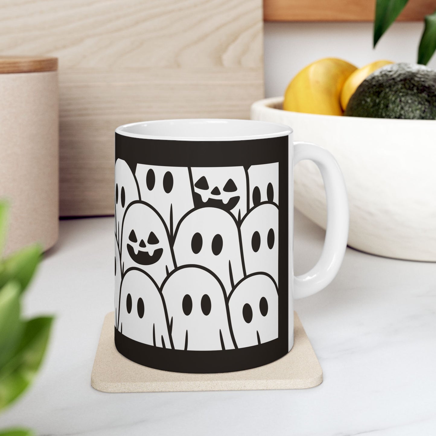 Ghost Cat Halloween Mug — Spooky Black & White Coffee Cup
