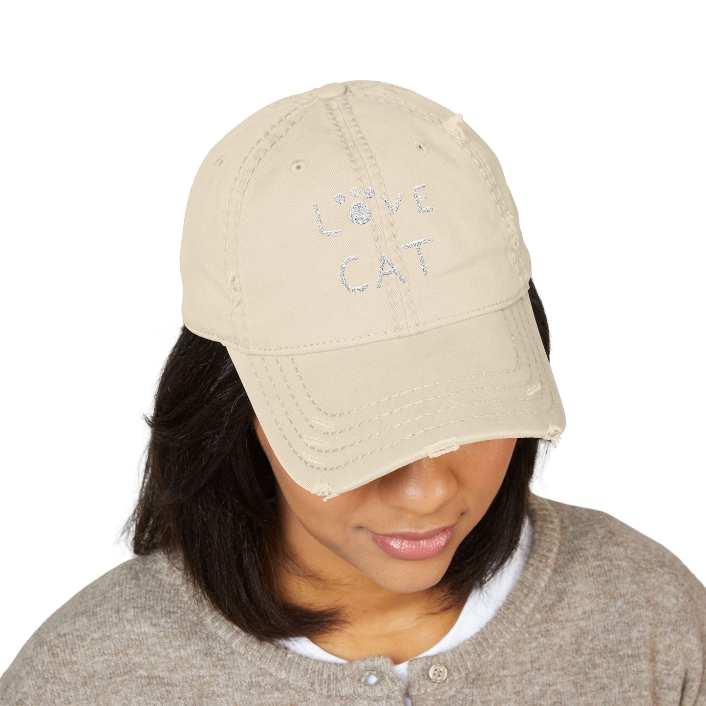 Love Cat Embroidered Distressed Dad Hat – Black Cat Lover Cap