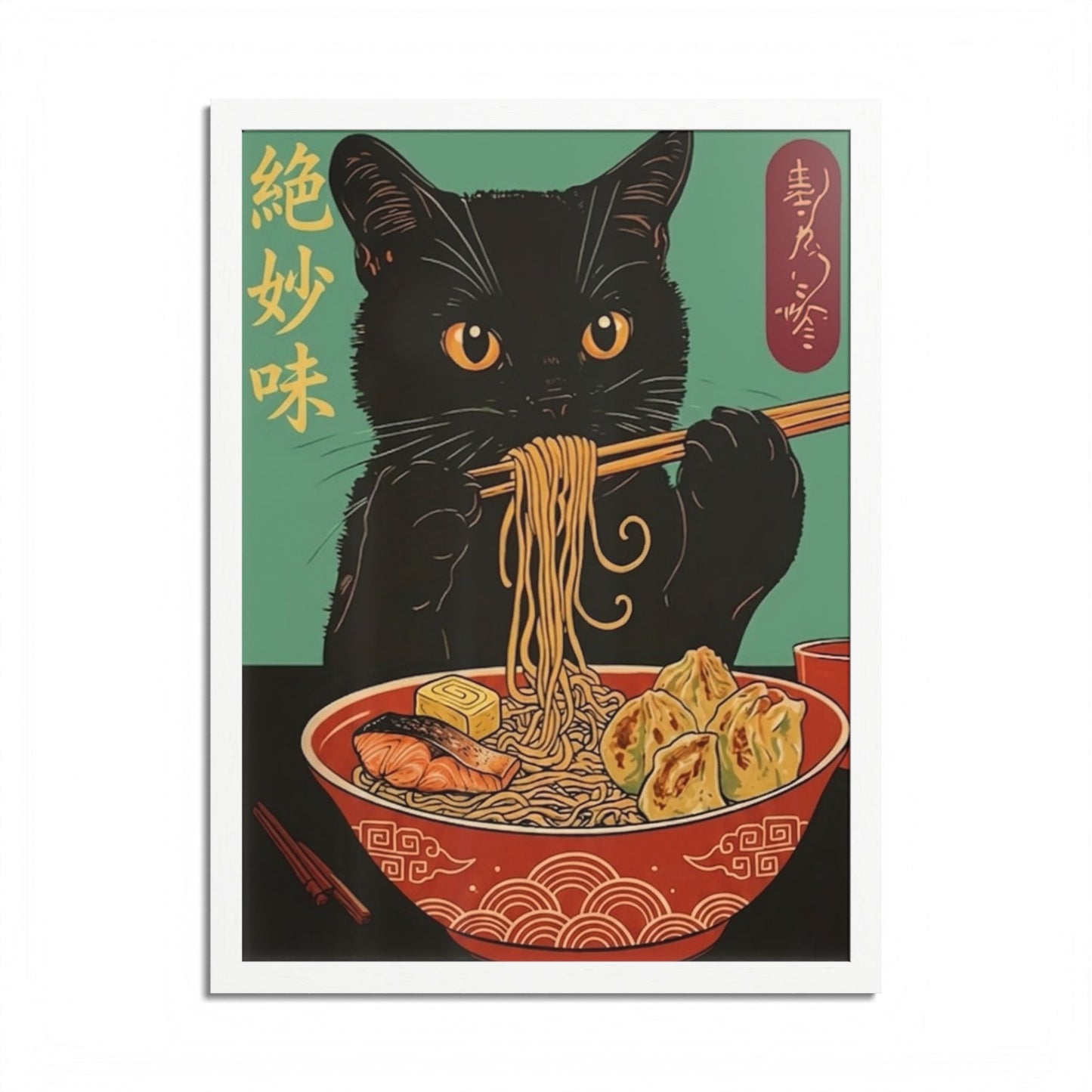 Japanese Ramen Cat Framed Poster — Vintage Ukiyo-e Style Wall Art