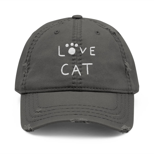 Love Cat Embroidered Distressed Dad Hat – Black Cat Lover Cap