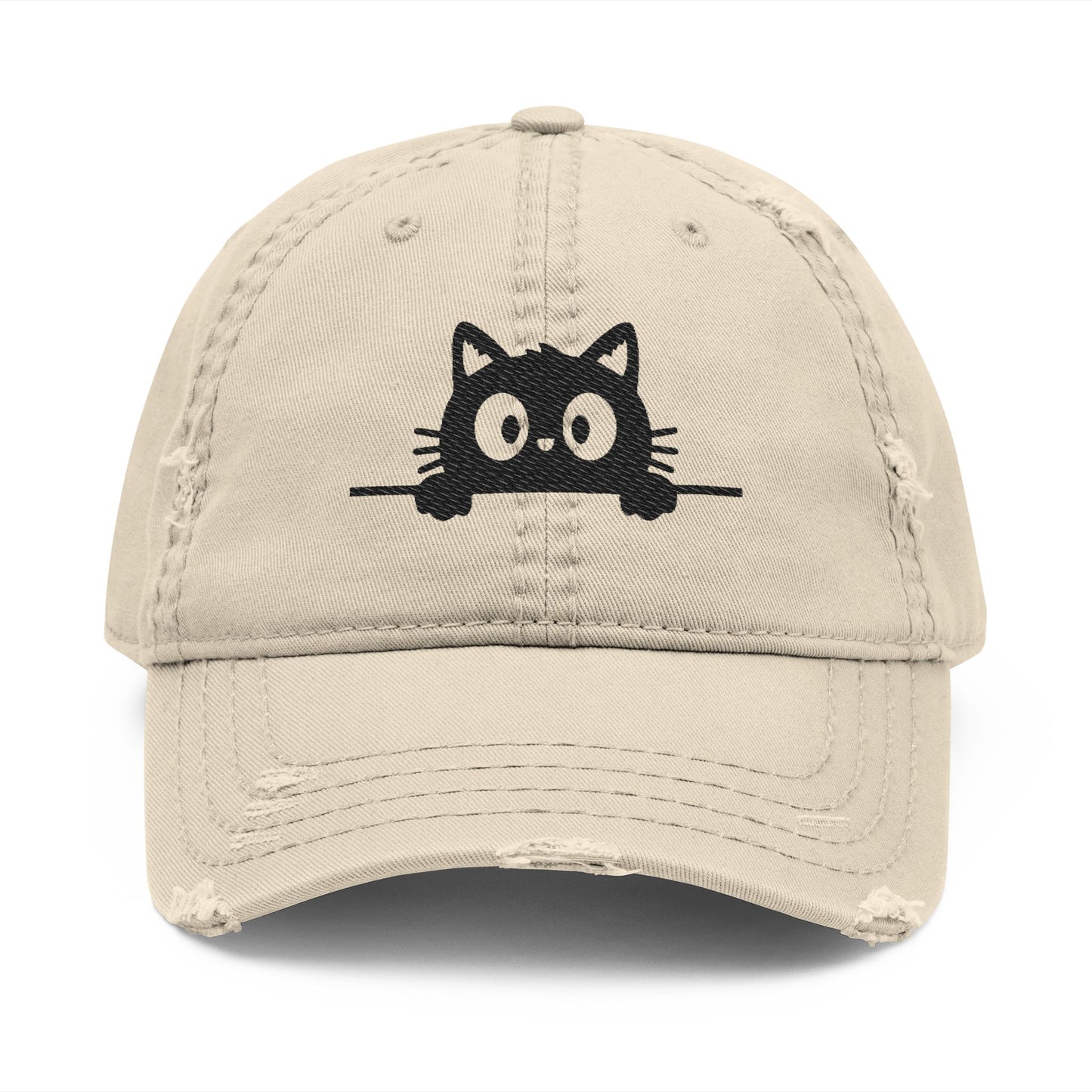 Peeking Black Cat Distressed Dad Hat – Vintage Cat Embroidered Cap