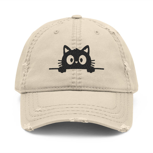 Peeking Black Cat Distressed Dad Hat – Vintage Cat Embroidered Cap