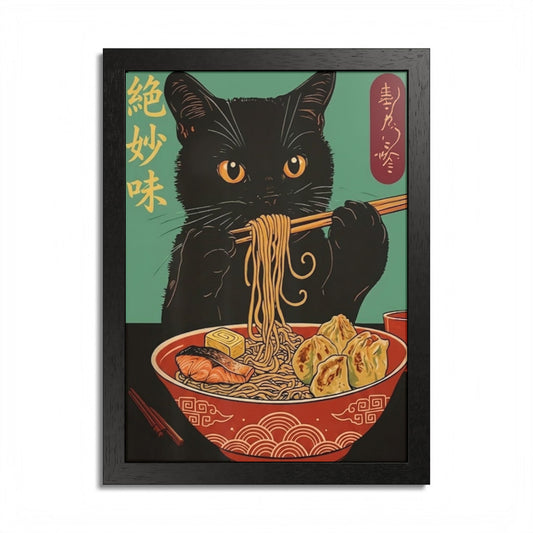 Japanese Ramen Cat Framed Poster — Vintage Ukiyo-e Style Wall Art