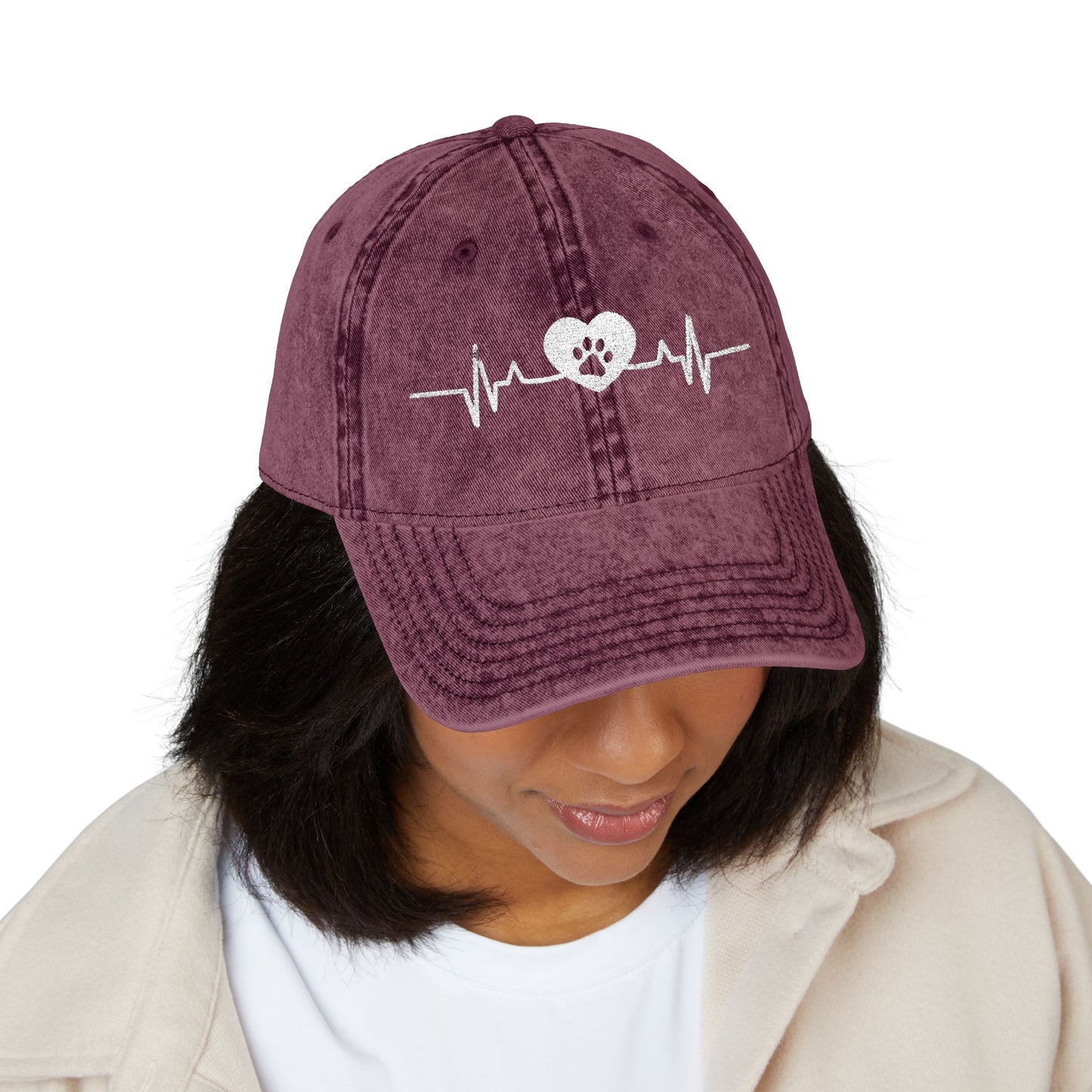 Paw Heartbeat Embroidered Vintage Dad Hat – Dog Lover Cap