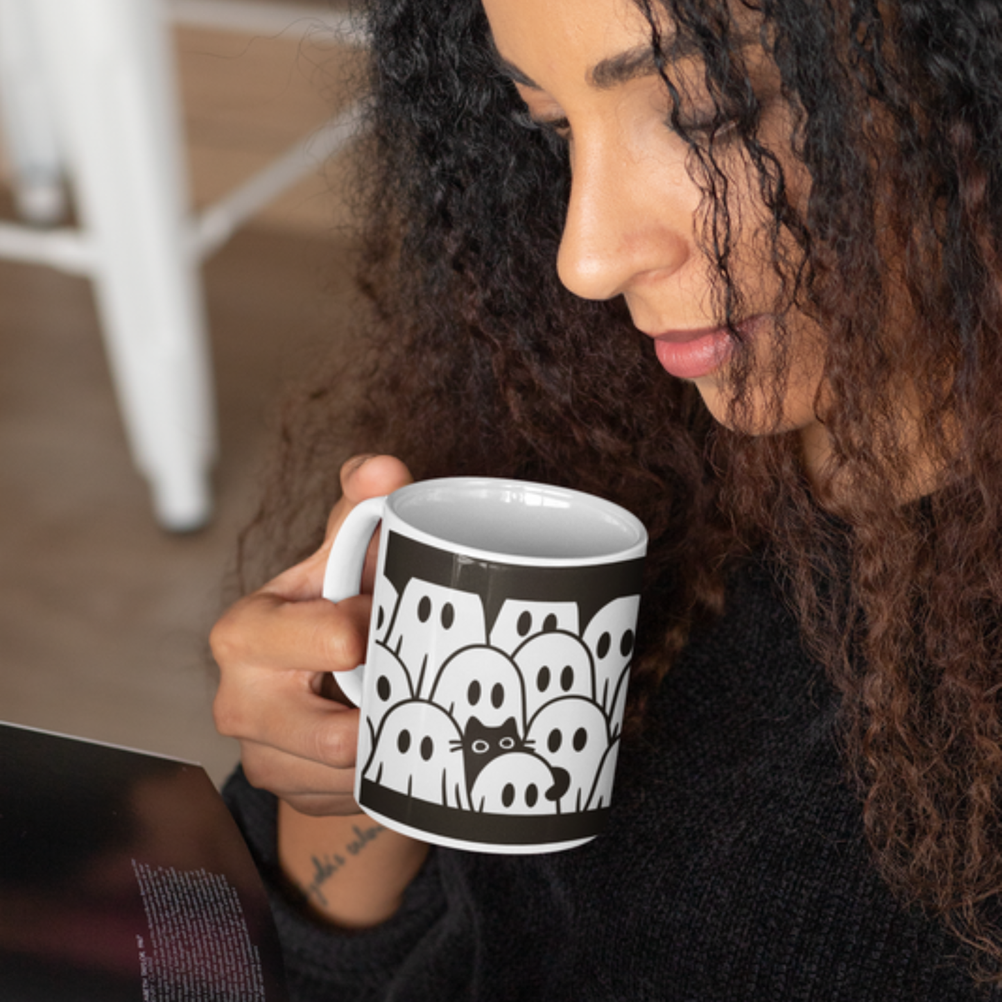 Ghost Cat Halloween Mug — Spooky Black & White Coffee Cup