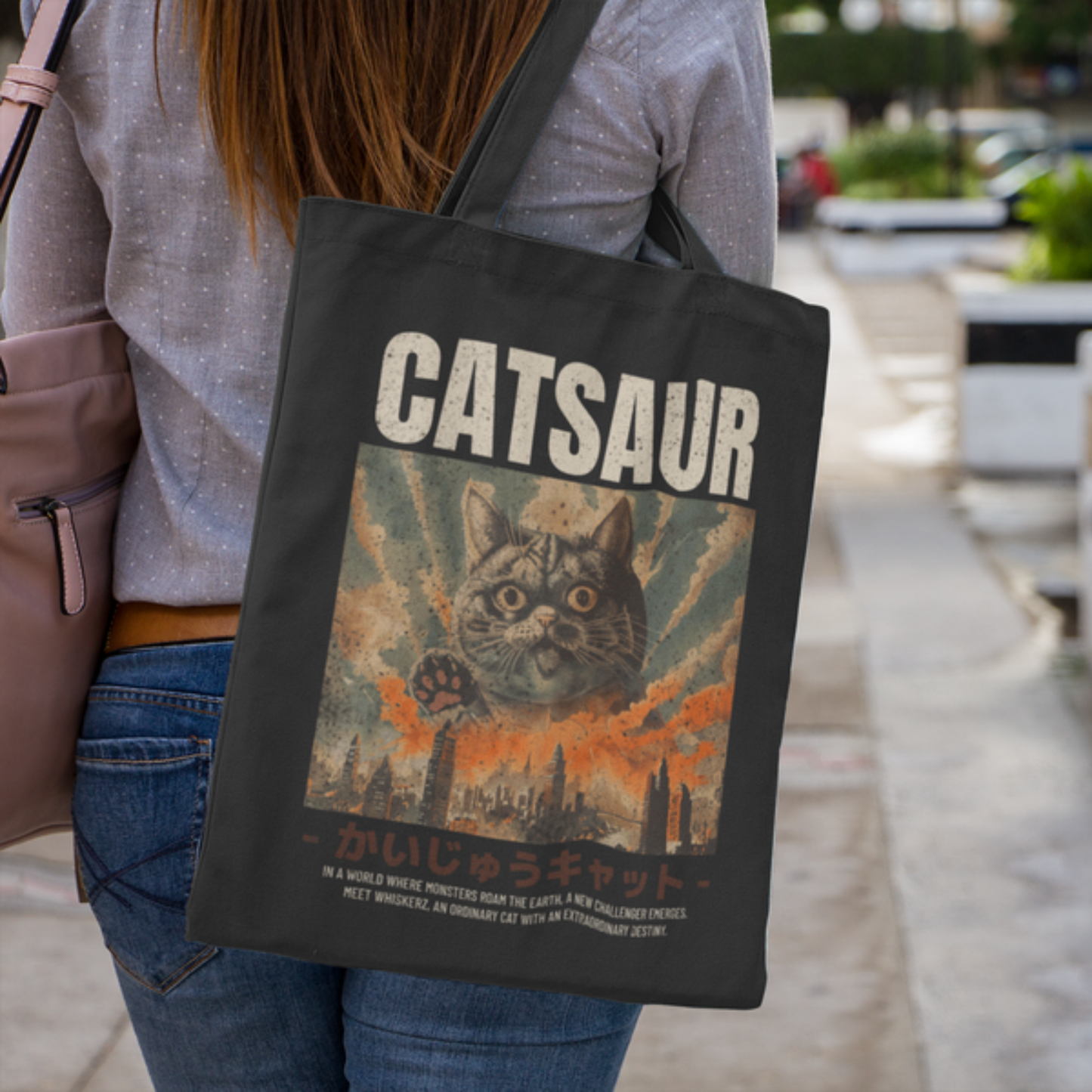 CATSAUR Monster Movie Graphic Tote Bag – Black Canvas