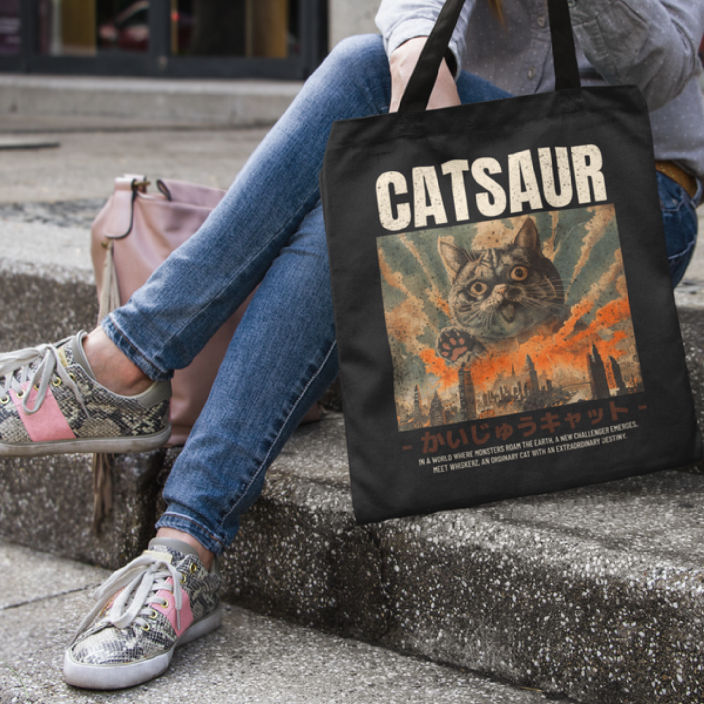 CATSAUR Monster Movie Graphic Tote Bag – Black Canvas