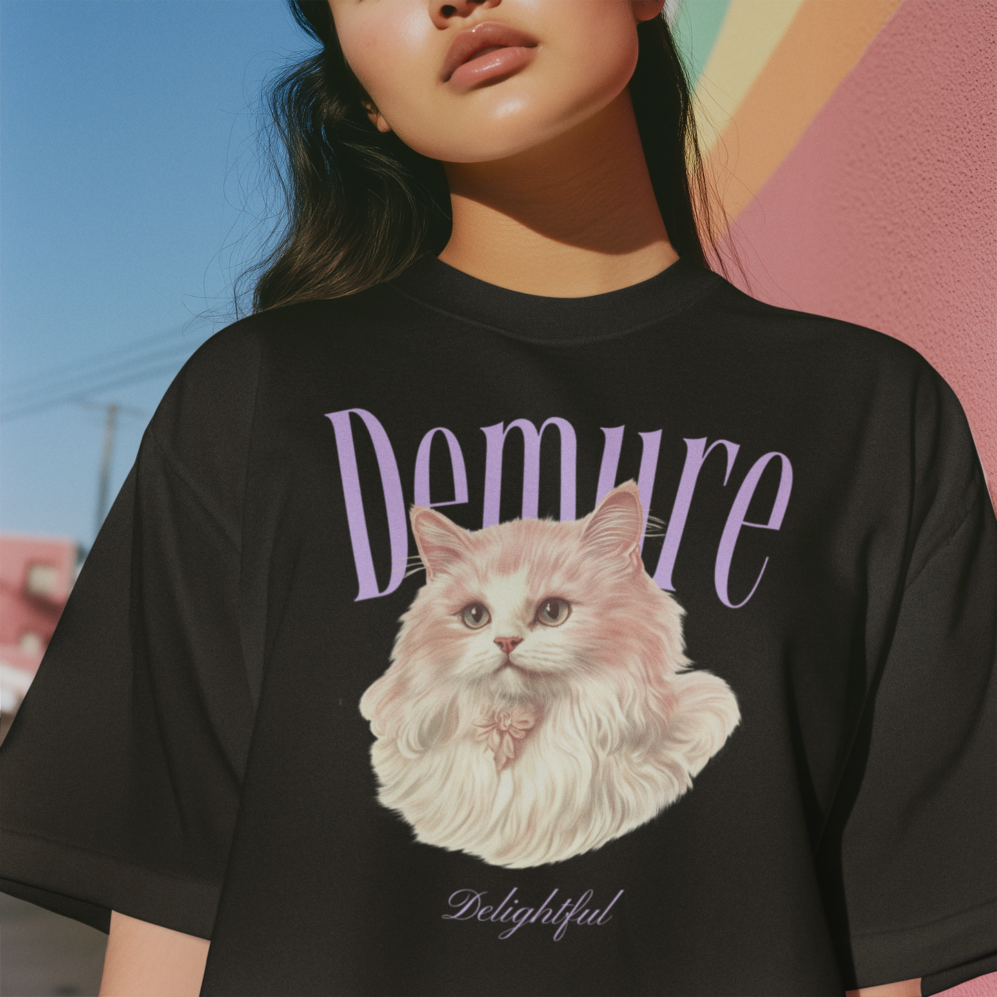 Demure Cat Graphic Tee – Aesthetic Fluffy Cat Black T-Shirt