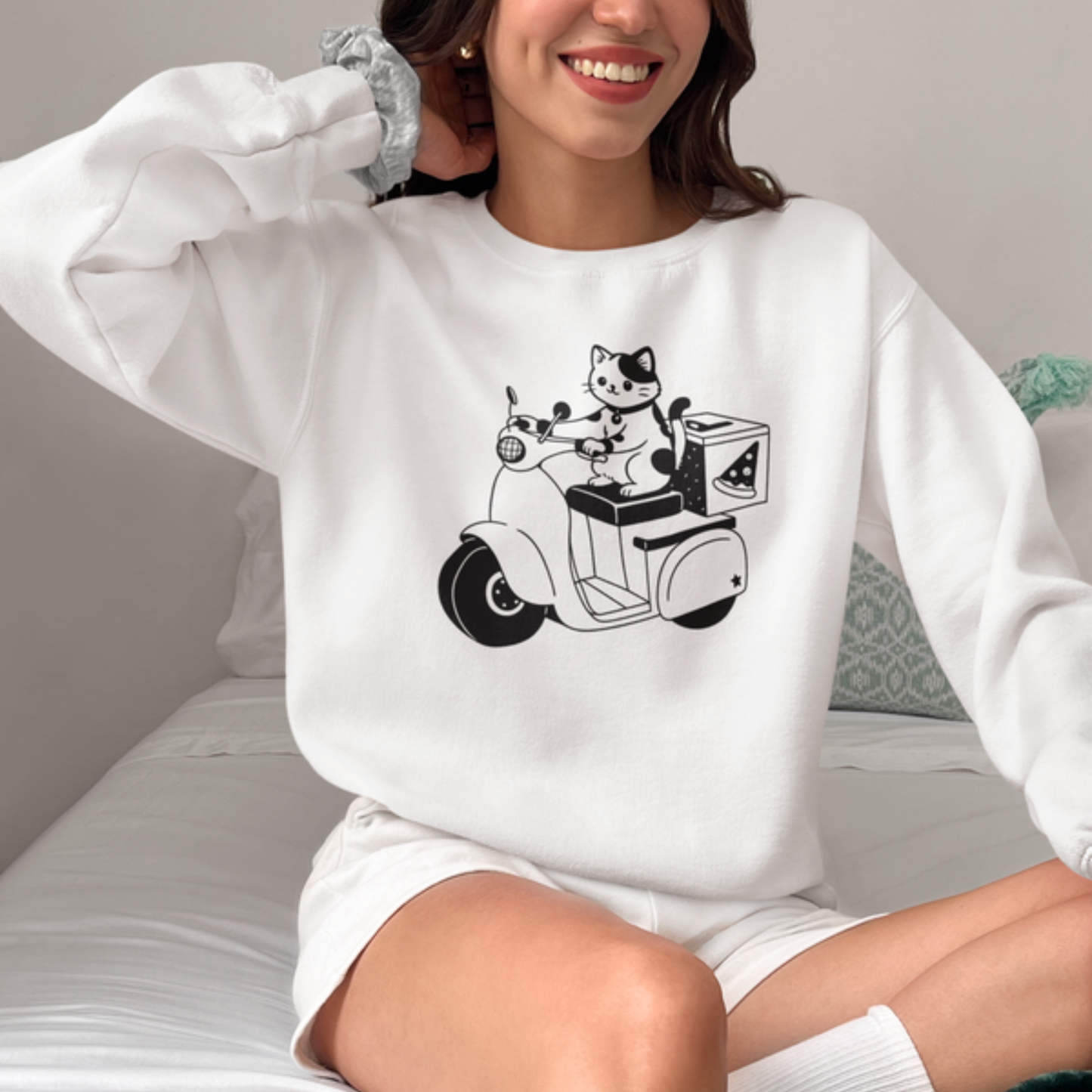Pizza Delivery Cat Scooter Sweatshirt – Funny Cat Crewneck