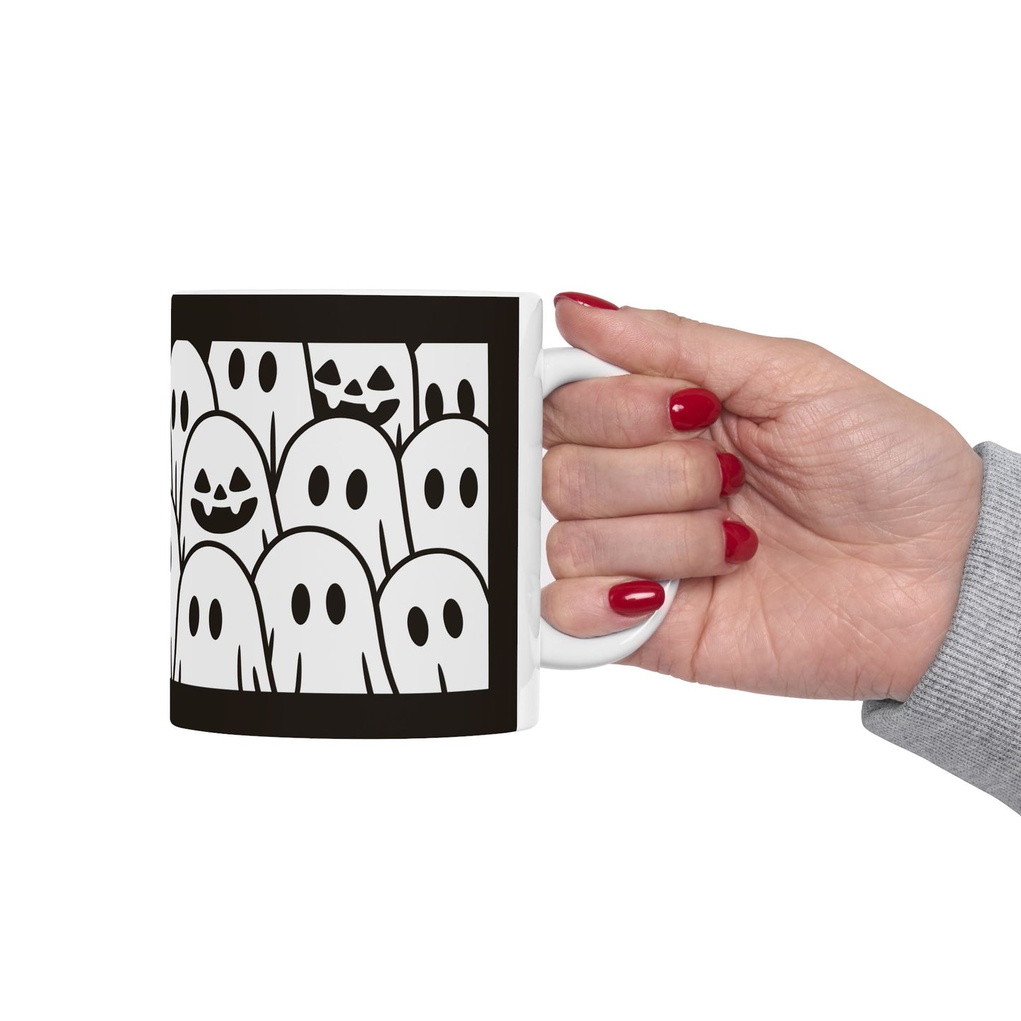 Ghost Cat Halloween Mug — Spooky Black & White Coffee Cup