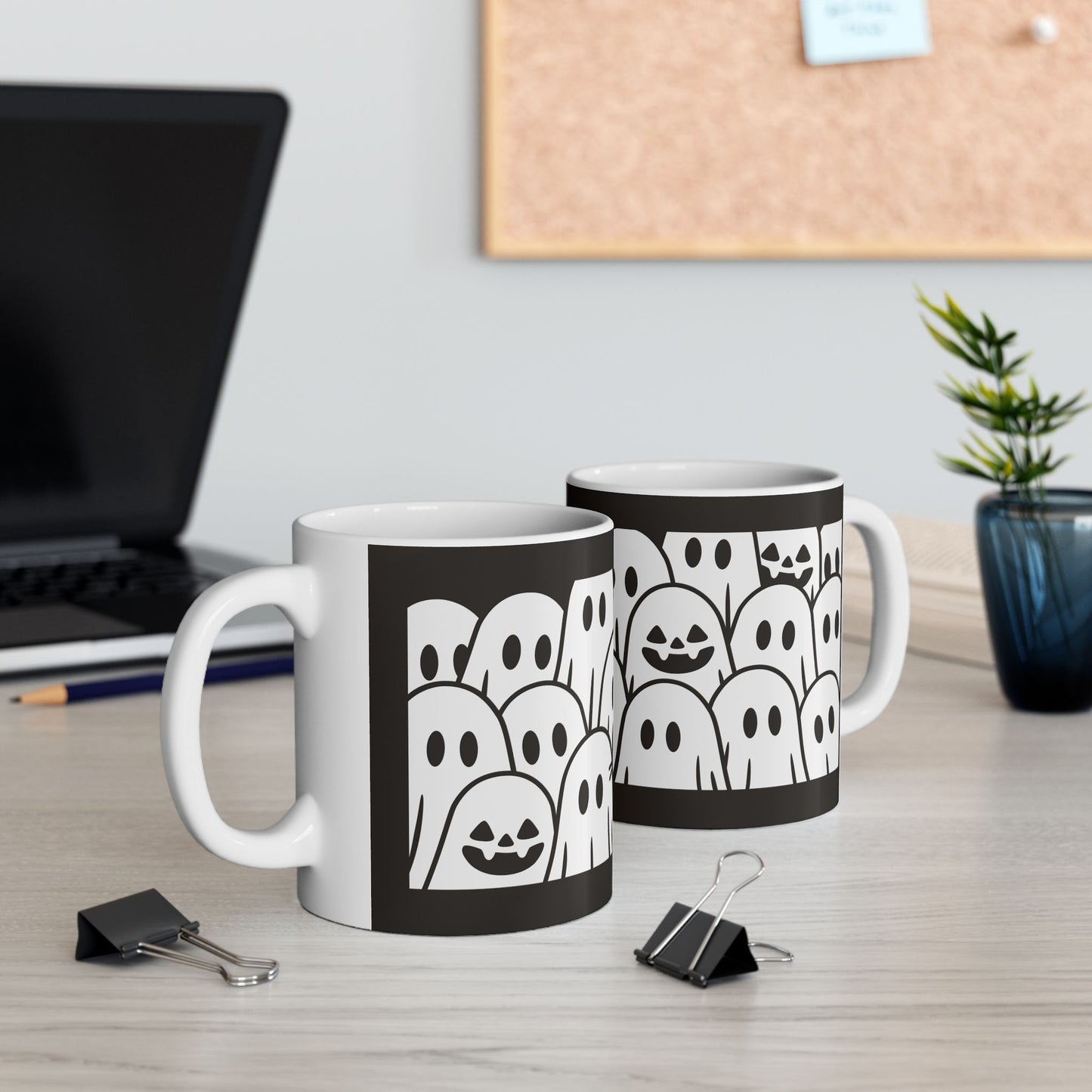 Ghost Cat Halloween Mug — Spooky Black & White Coffee Cup