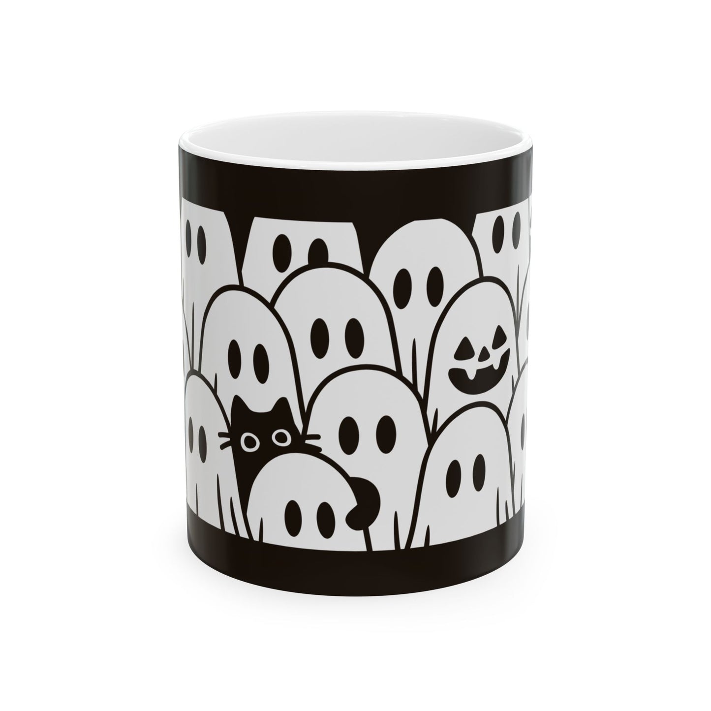 Ghost Cat Halloween Mug — Spooky Black & White Coffee Cup