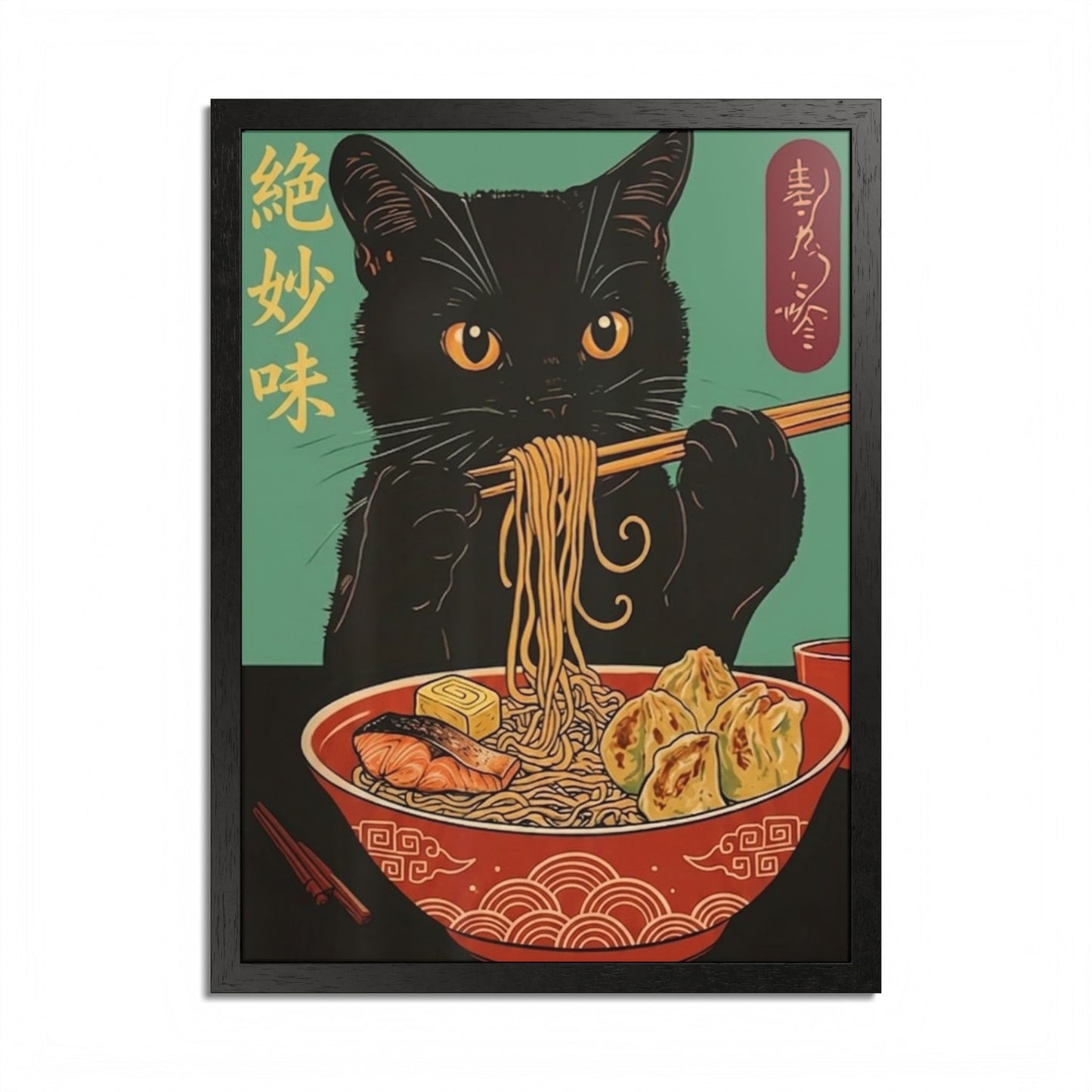 Japanese Ramen Cat Framed Poster — Vintage Ukiyo-e Style Wall Art