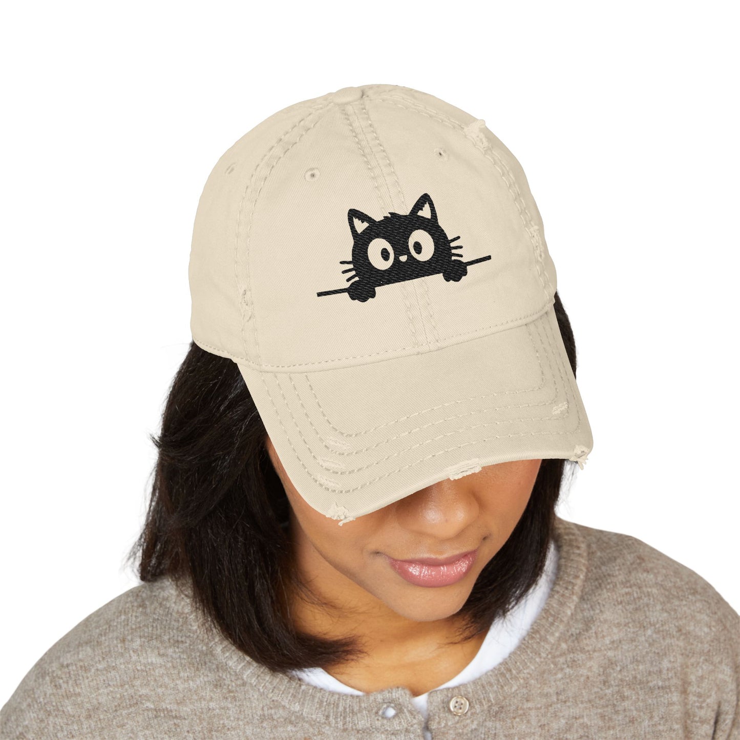 Peeking Black Cat Distressed Dad Hat – Vintage Cat Embroidered Cap