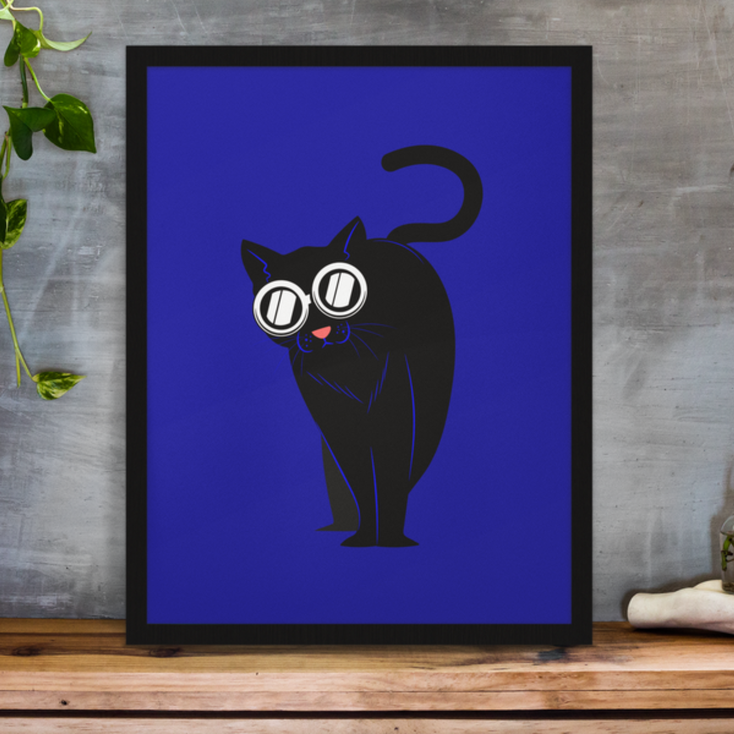 Black Cat Blue Wall Art Poster — Framed Minimalist Cat Print